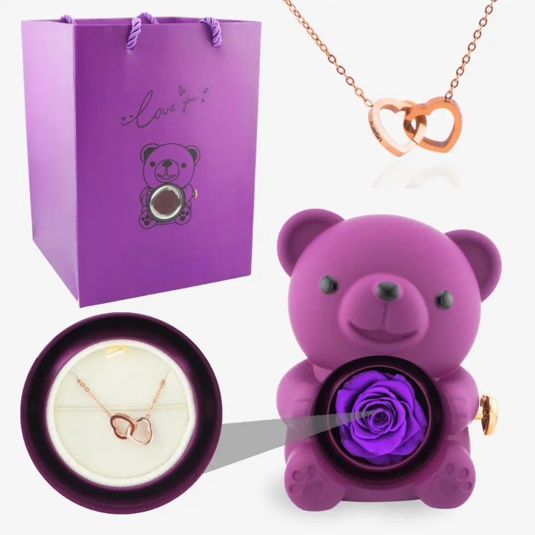 Oso de Rosa Eterna y Collar Personalizado