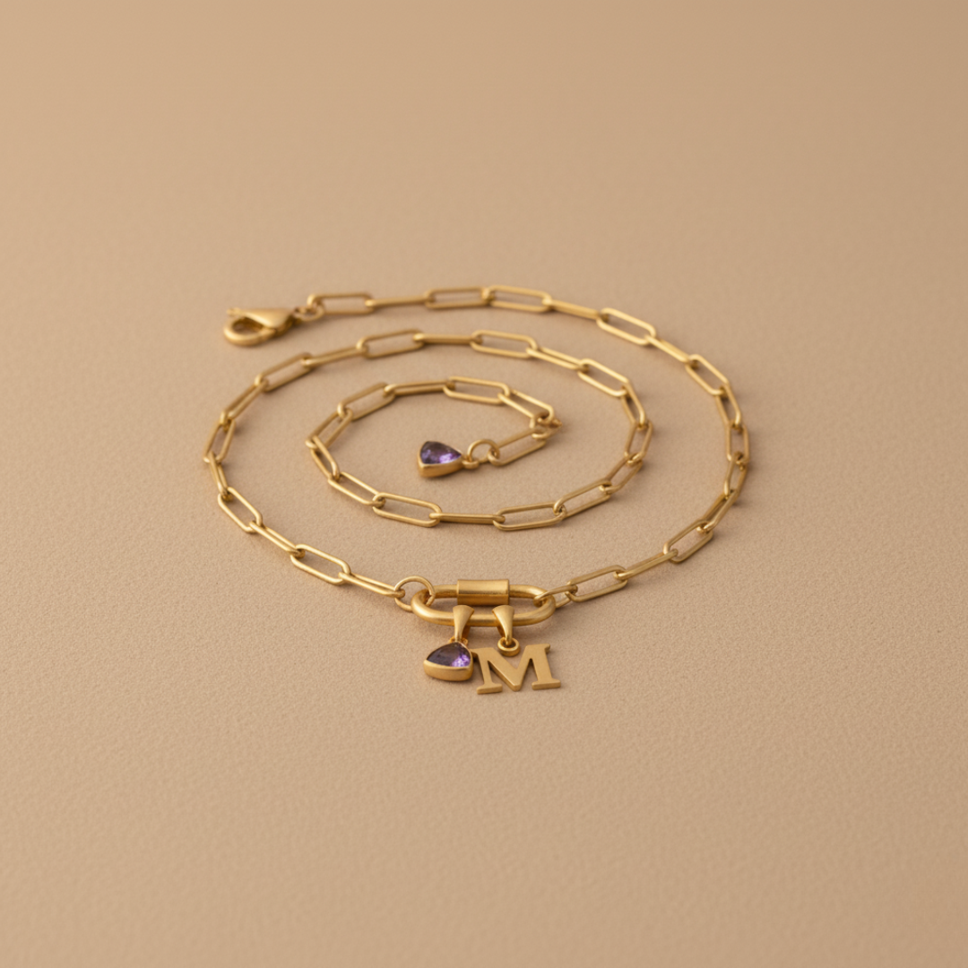 Carabiner Charm Lock con Inicial & Birthstone