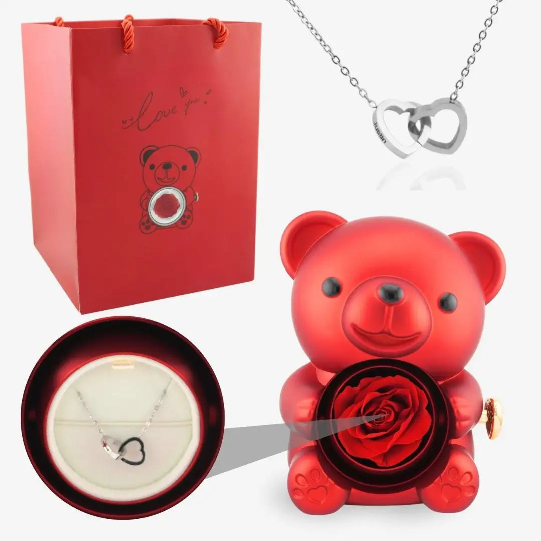 Oso de Rosa Eterna y Collar Personalizado
