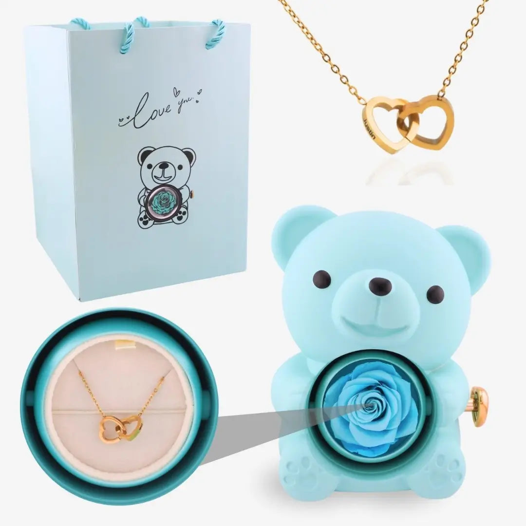 Oso de Rosa Eterna y Collar Personalizado