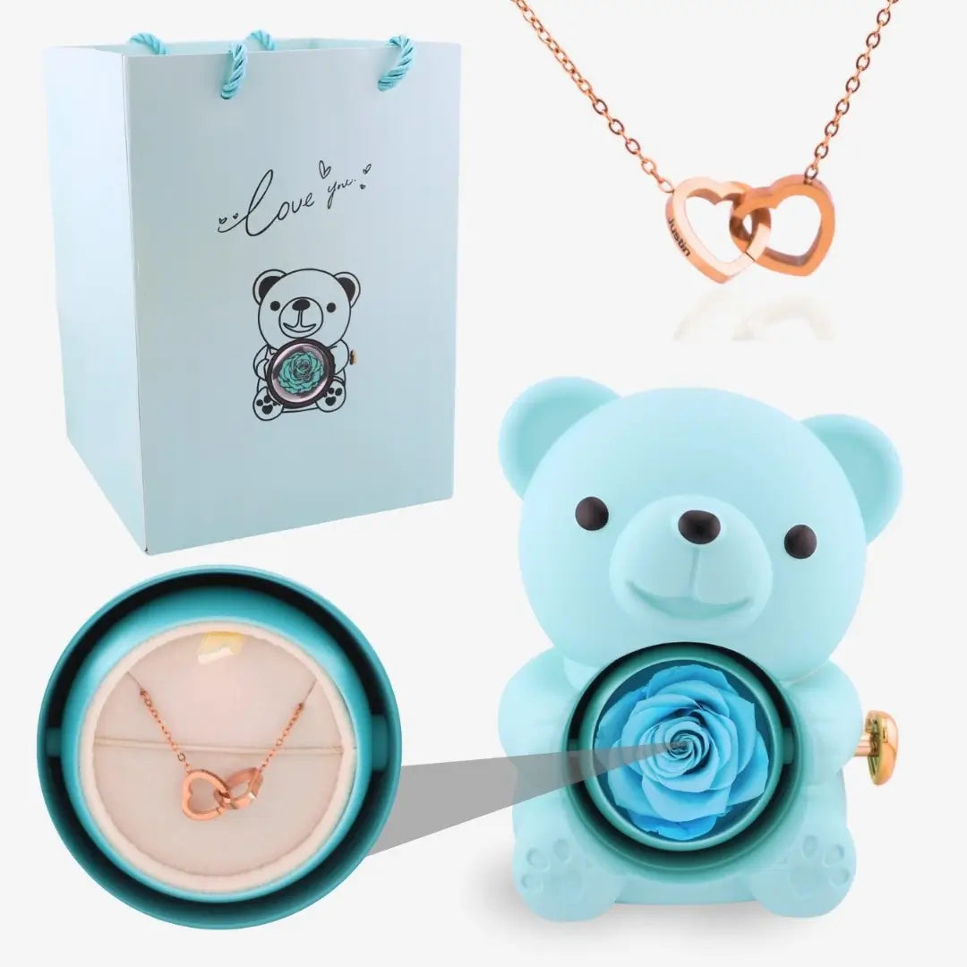 Oso de Rosa Eterna y Collar Personalizado