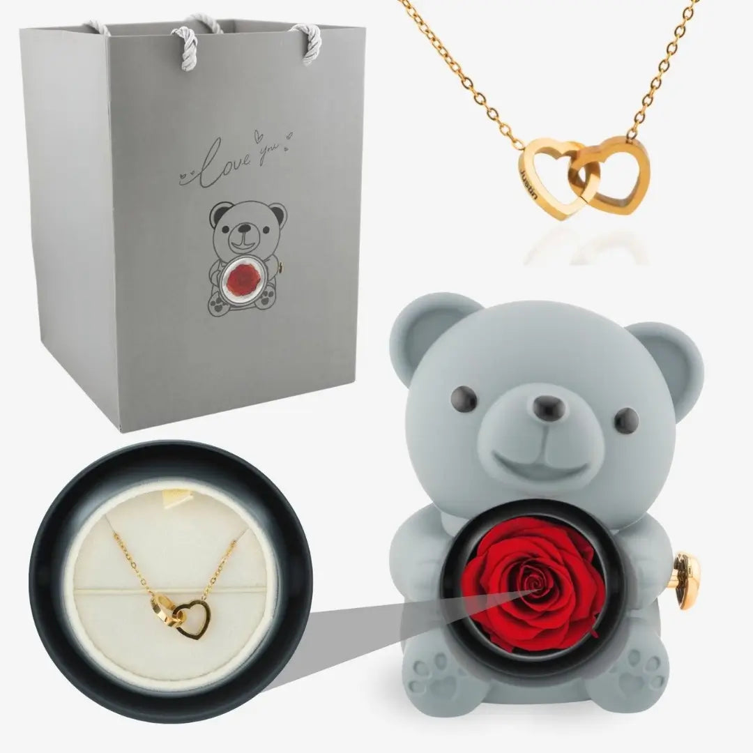 Oso de Rosa Eterna y Collar Personalizado