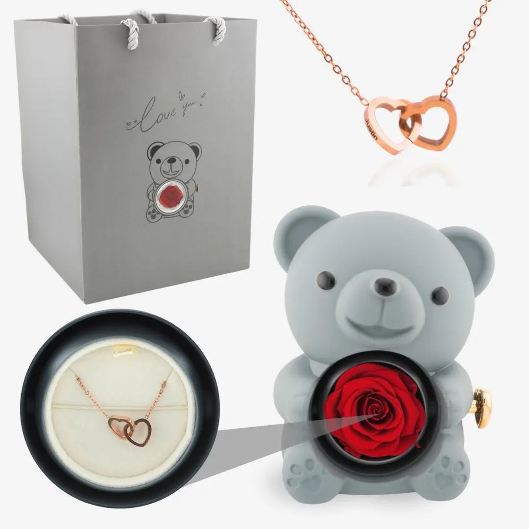 Oso de Rosa Eterna y Collar Personalizado