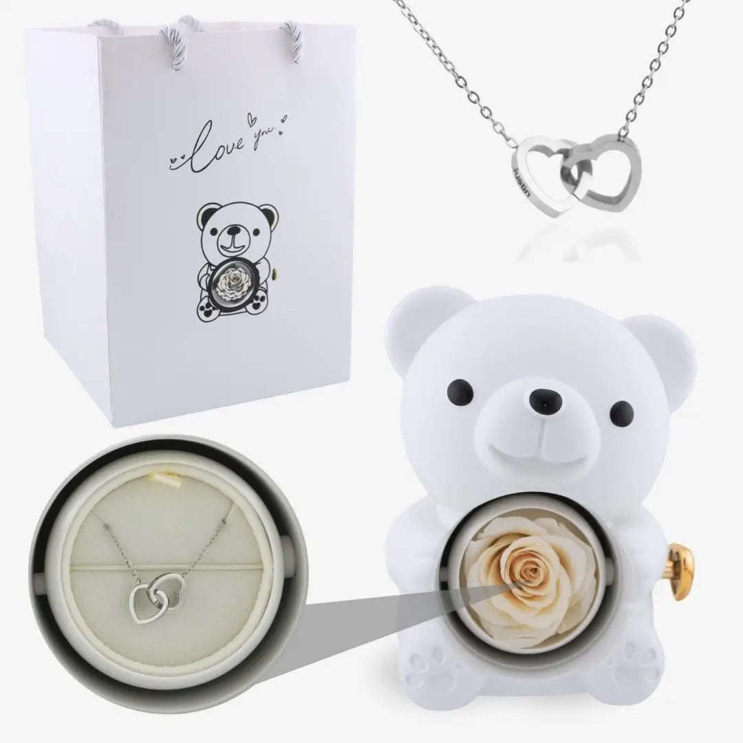 Oso de Rosa Eterna y Collar Personalizado
