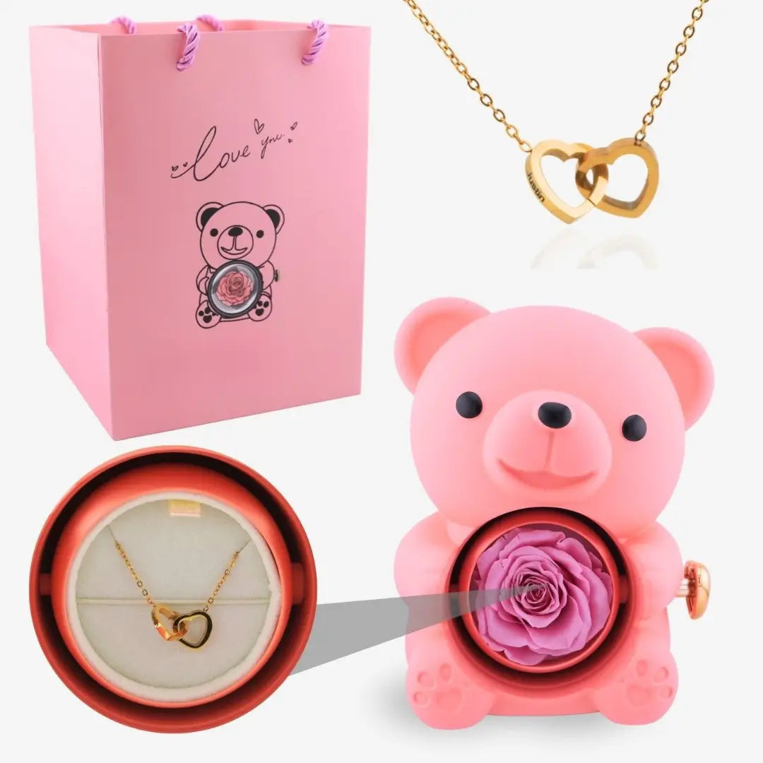 Oso de Rosa Eterna y Collar Personalizado