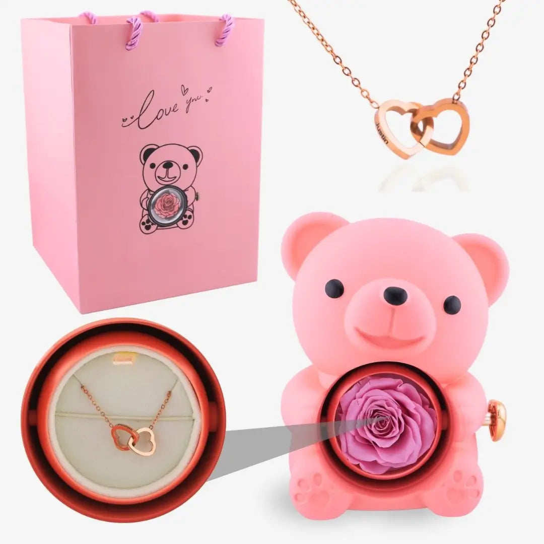 Oso de Rosa Eterna y Collar Personalizado