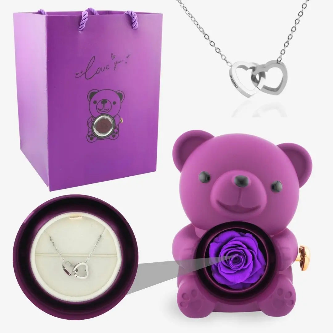Oso de Rosa Eterna y Collar Personalizado