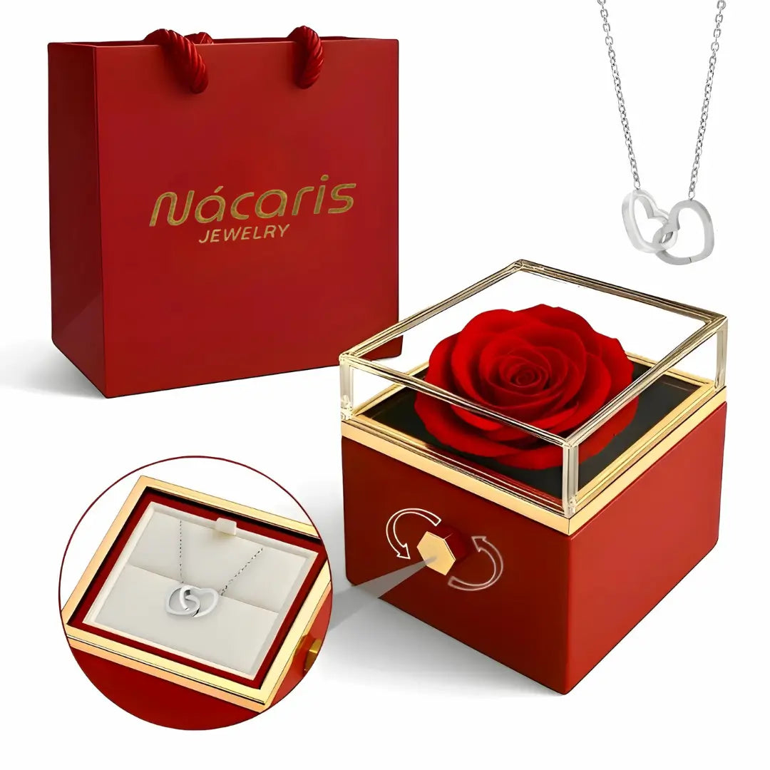 Caja de Rosa Eterna | Rosa Real y Collar Personalizado En Oro 18K