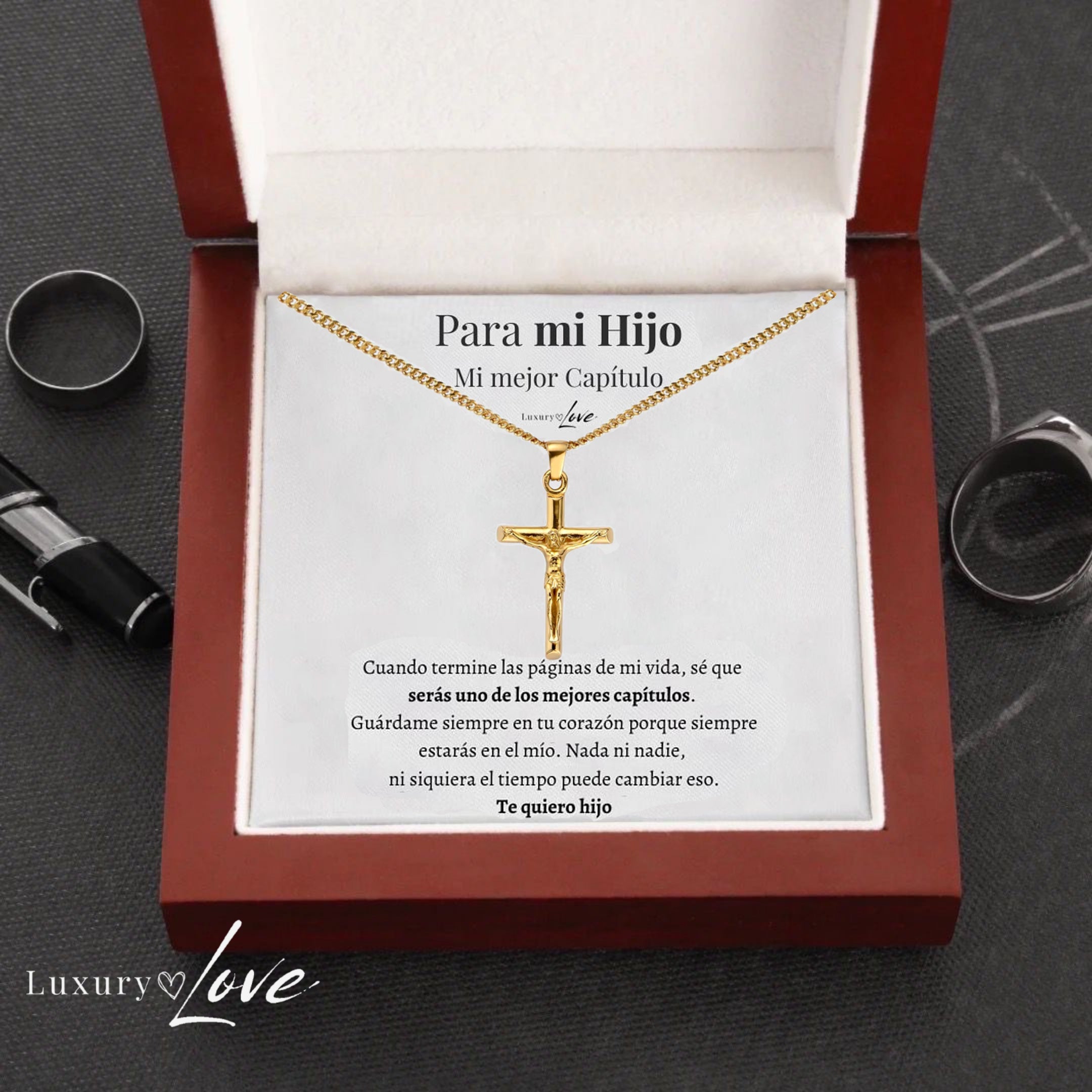 Collar Cruz® - Para mi Hijo (con nota dedicada y caja de madera con luz)