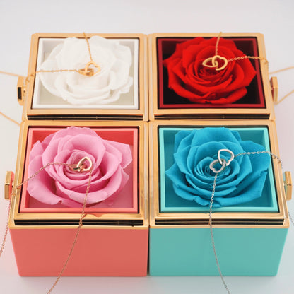 Caja de Rosa Eterna | Rosa Real y Collar Personalizado En Oro 18K
