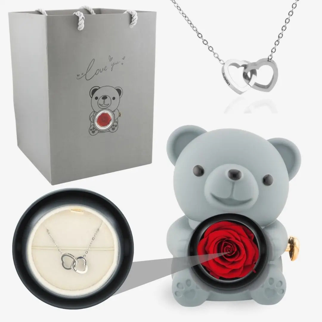 Oso de Rosa Eterna y Collar Personalizado