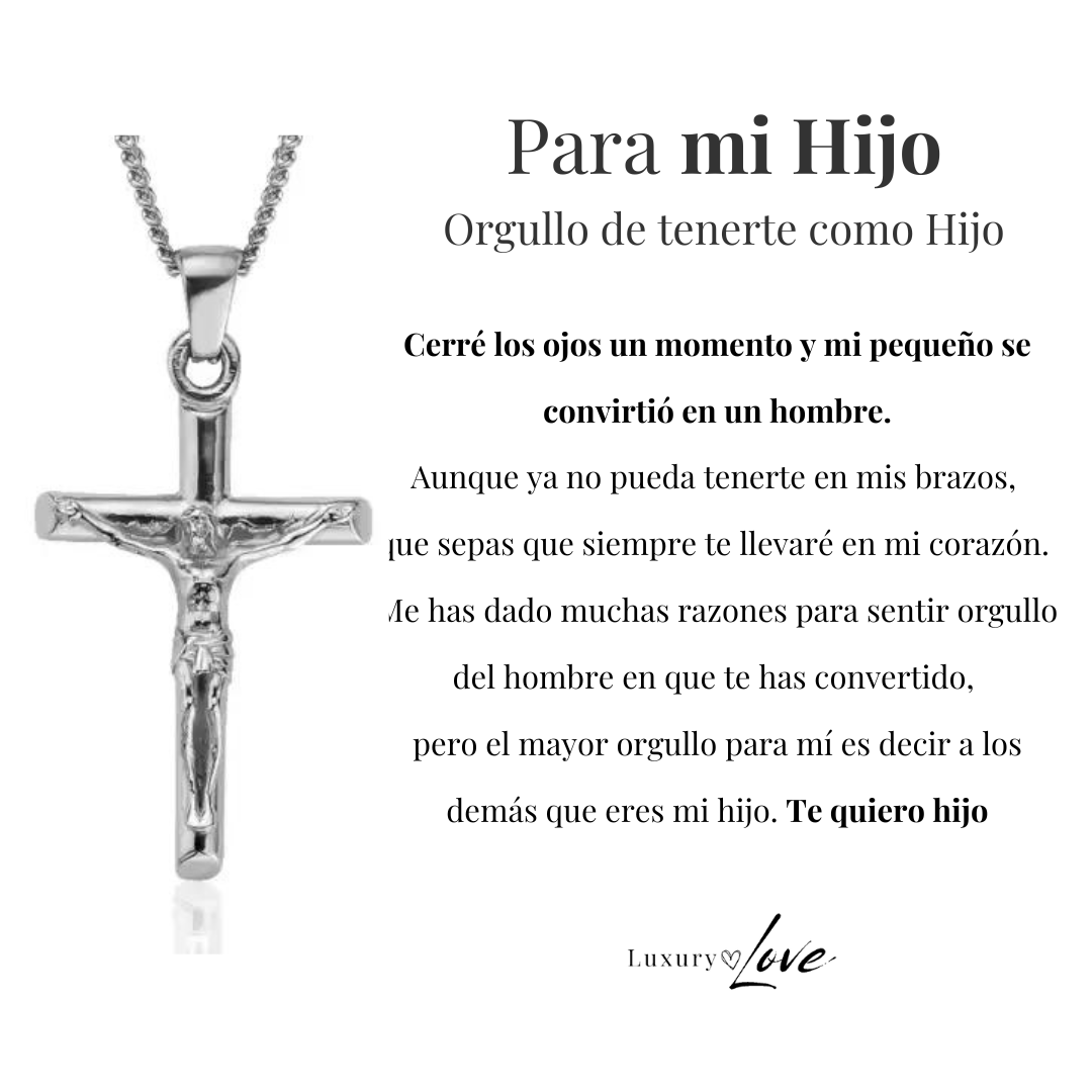 Collar Cruz® - Para mi Hijo (con nota dedicada y caja de madera con luz)