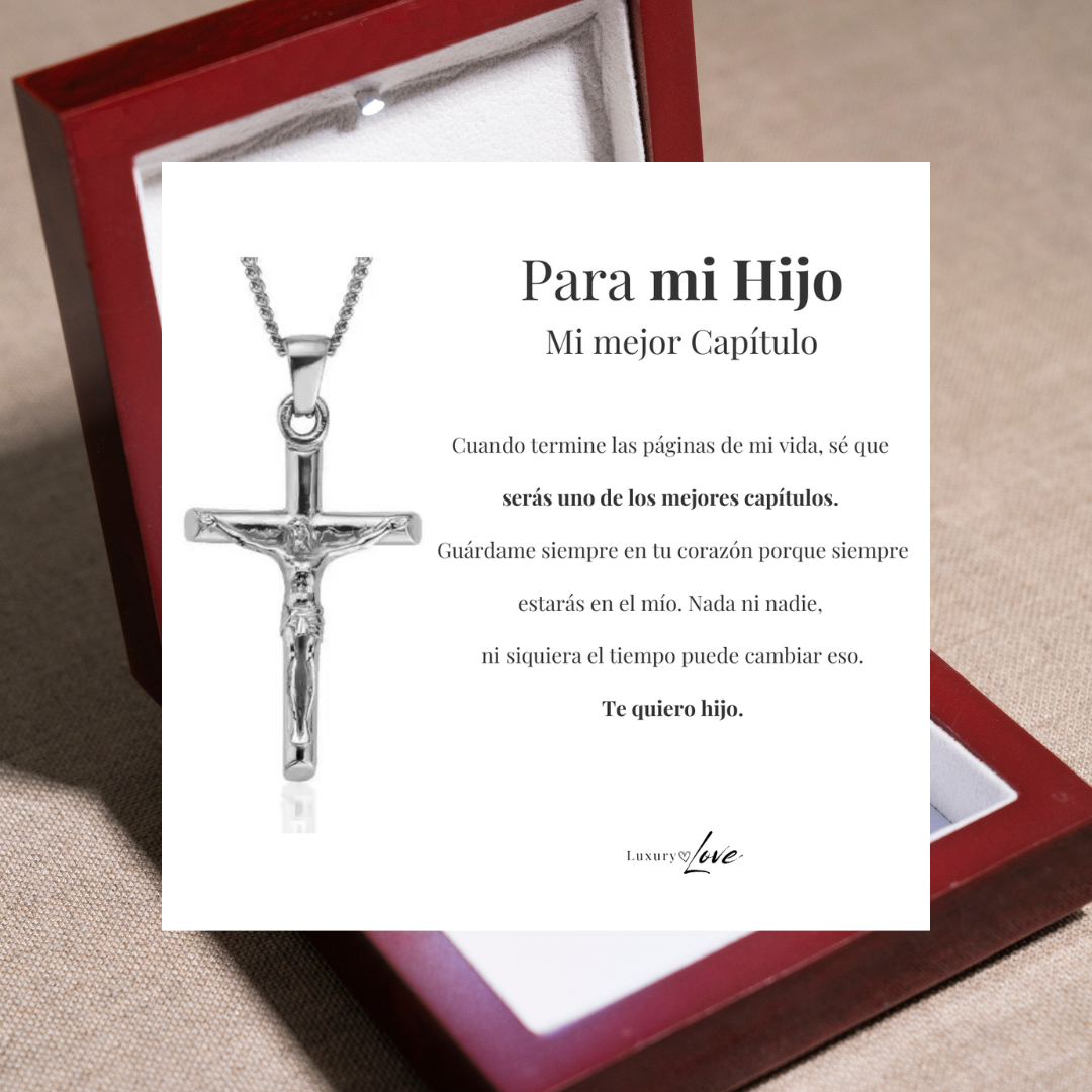 Collar Cruz® - Para mi Hijo (con nota dedicada y caja de madera con luz)