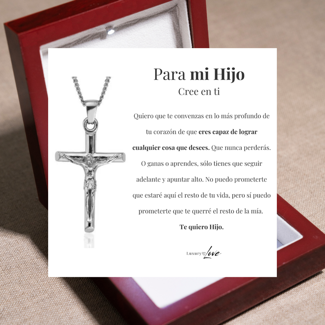 Collar Cruz® - Para mi Hijo (con nota dedicada y caja de madera con luz)