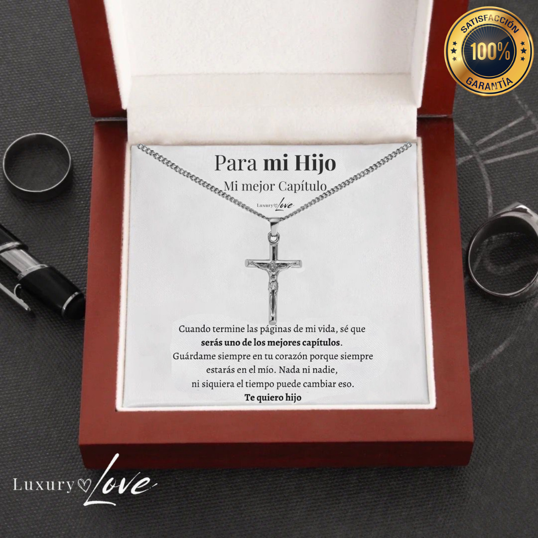 Collar Cruz® - Para mi Hijo (con nota dedicada y caja de madera con luz)