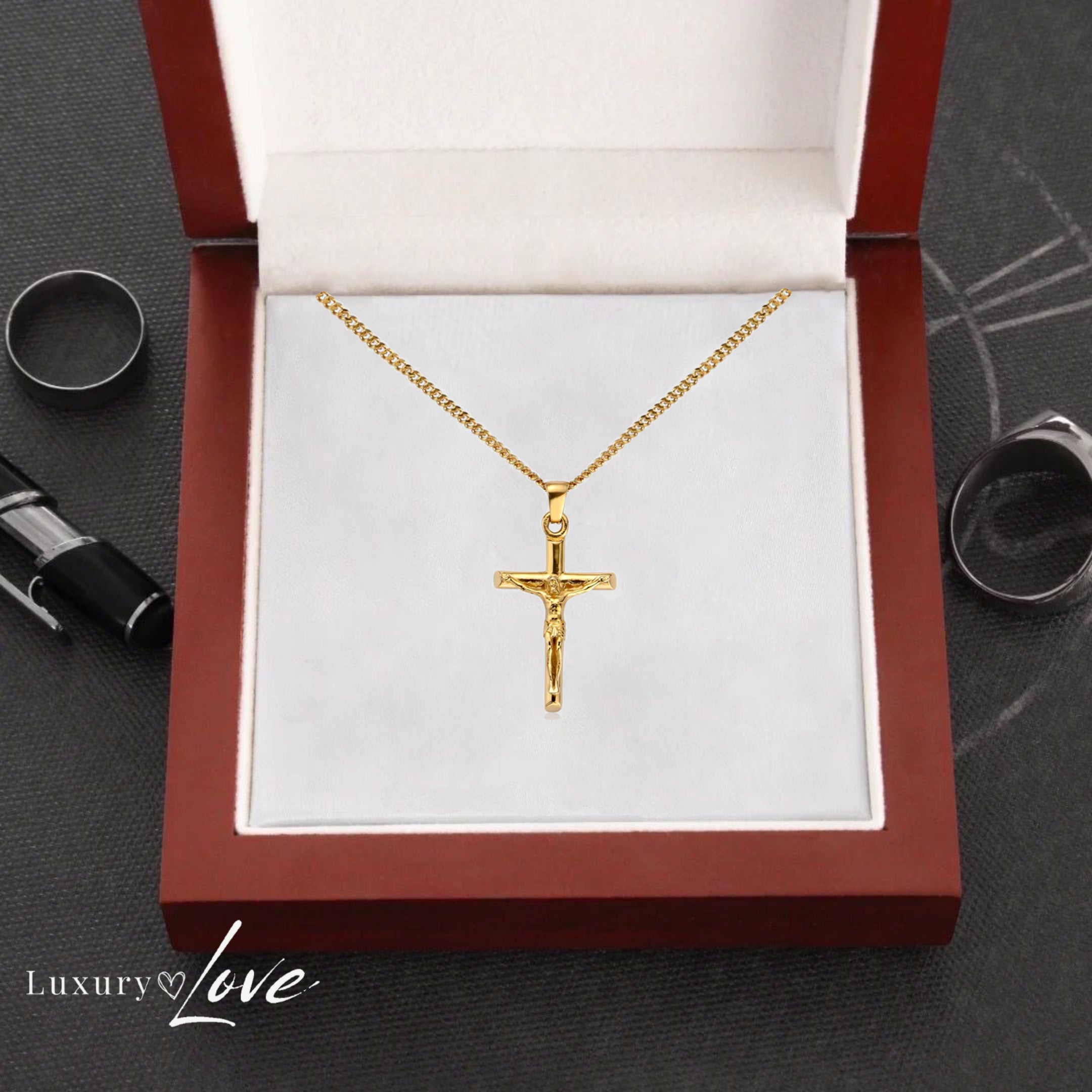 Collar Cruz® - Para mi Hijo (con nota dedicada y caja de madera con luz)