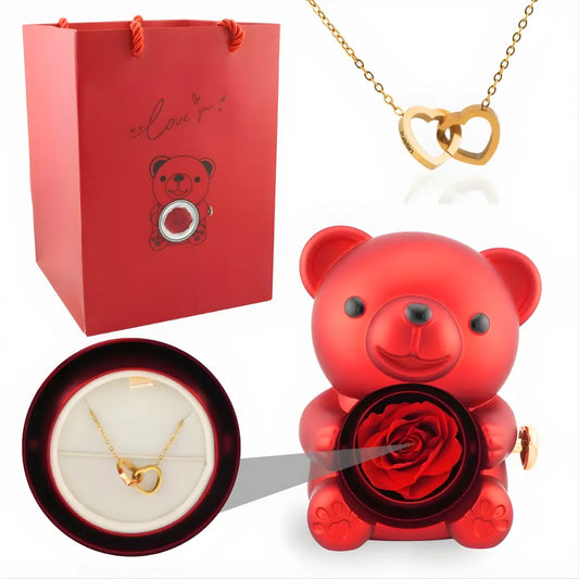 OSO DE ROSA ETERNA Y COLLAR PERSONALIZADO